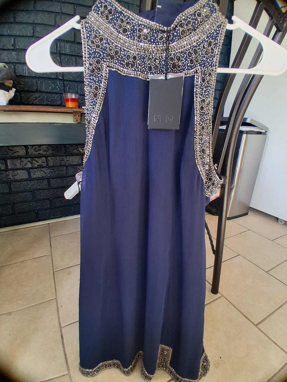 NBD Womens Sz S Navy Beaded Trim Halter Mini Length Cocktail Dress NWT